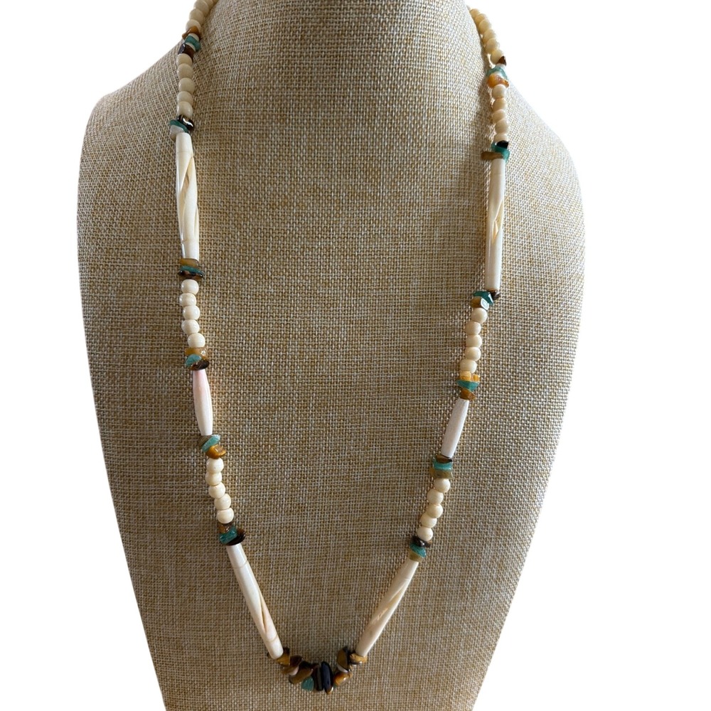 Southwestern Bone Hairpipe Necklace Turquoise Tigers Eye Gemstone Beaded Tribal